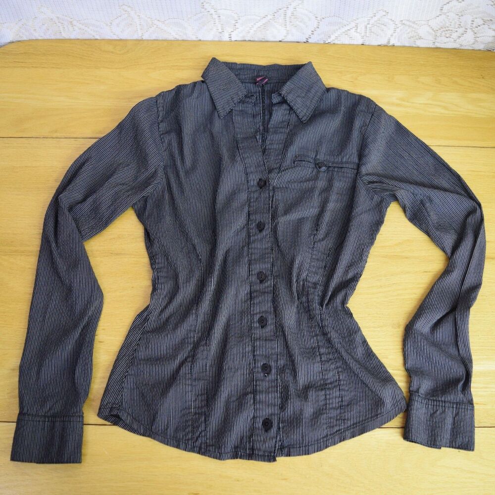Y2K Womens Sz Small Asterisco Fashion Pinstriped Tailored Collared Shirt V Neck
